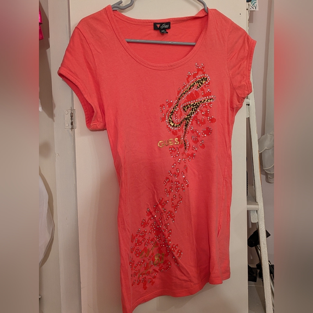 Guess Vintage Coral Y2K Baby Tee Rare Cheetah Print And Rhinestone Medium